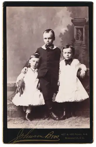 Fotografie Johnsen Bros., Washington D. C., drei Kinder Georg, Frank und Louis mit Stoffelefanten im Arm