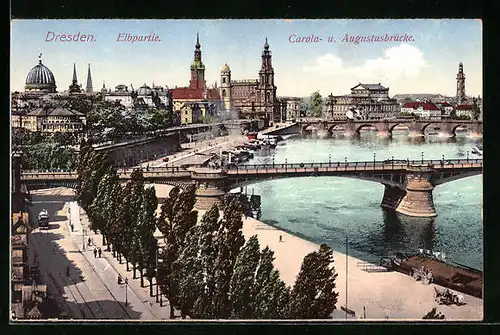 AK Dresden, Elbpartie mit Carola- und Augustusbrücke