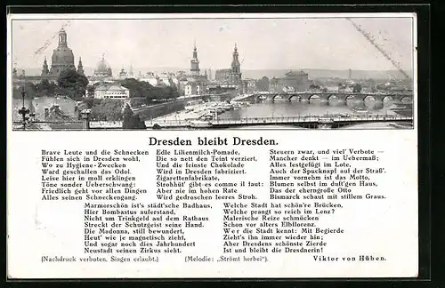 AK Dresden, Gesamtansicht, Liedtext Dresden bliebt Dresden von Viktor von Hüben