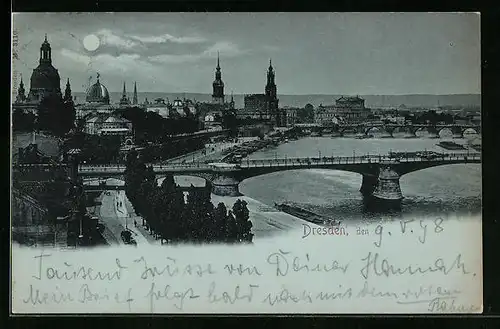 Mondschein-AK Dresden, Panoramablick aus der Vogelschau