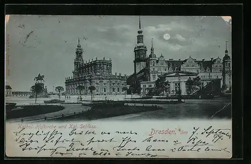 Mondschein-AK Dresden, Kath. Hofkirche und Kgl. Schloss