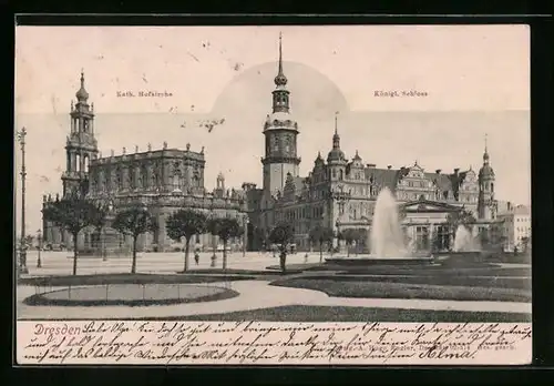 AK Dresden, Katholische Hofkirche und Königliches Schloss mit Brunnen