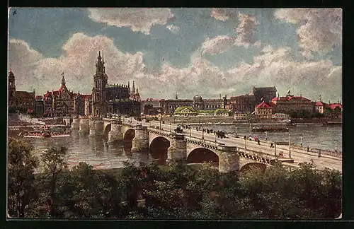 AK Dresden, Friedrich-August-Brücke, Schlossplatz und Theaterplatz