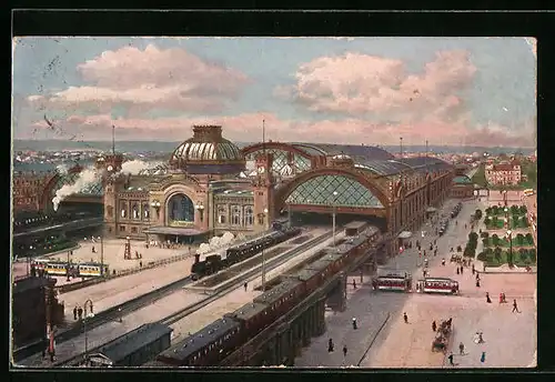 AK Dresden, Der Hauptbahnhof mit Strassenbahn