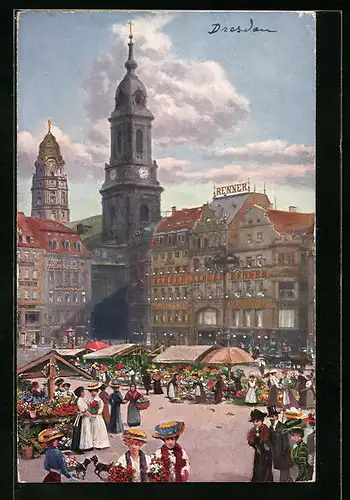 Künstler-AK Dresden, Altmarkt mit Blumenmarkt, Kreuzkirche und Rathausturm