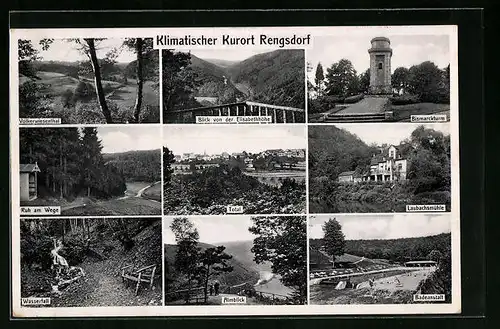 AK Rengsdorf, Totalansicht, Bismarckturm, Badeanstalt & Wasserfall