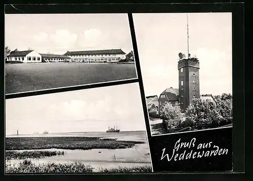 AK Weddewarden, Turm, Gebäude- und Seeansicht
