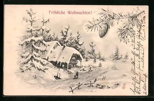 Künstler-AK M. Munk Nr. 162: Haus in winterlicher Landschaft, Weihnachtsgruss