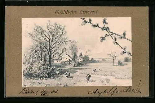 Künstler-AK M. Munk Nr. 187: Ortspartie mit Hühnern, Kätzchenzweig, Ostergruss