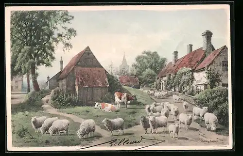 Künstler-AK M. Munk Nr. 134: Ortspartie mit Schafherde und zwei Kühen