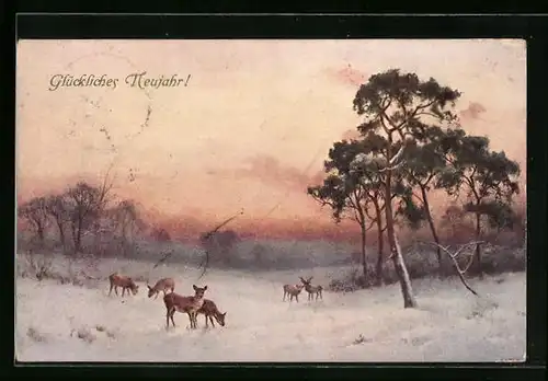 Künstler-AK M. Munk Nr. 256: Hirsch und Rehe in winterlicher Landschaft, Neujahrsgruss
