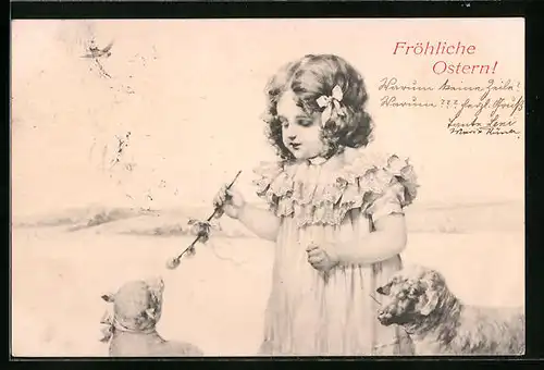 Künstler-AK M. Munk Nr. 136: Kleines Mädchen Kätzchenzweig und zwei Lämmern, Ostergruss