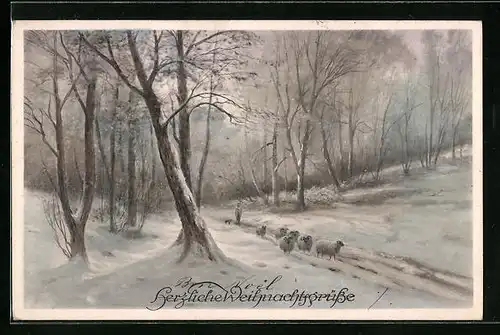 Künstler-AK M. Munk Nr. 1017: Waldpartie und Mann mit Widdern im Winter, Weihnachtsgruss