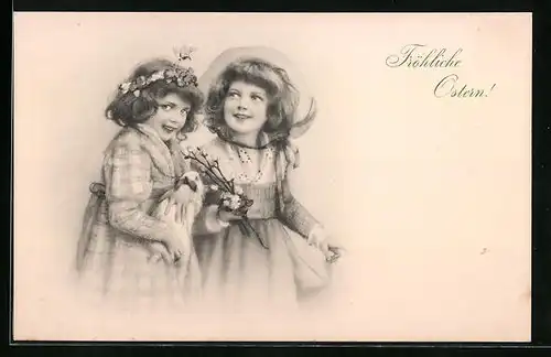 Künstler-AK M. Munk Nr. 370: Zwei Mädchen mit einem Hasen und Kätzchenzweigen, Ostergruss