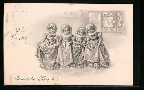 Künstler-AK M. Munk Nr. 292: vier niedliche Mädchen in bildschönen Trachtenkleidern