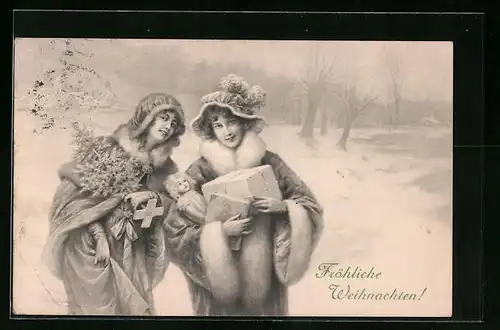 Künstler-AK M. Munk Nr. 282: zwei schöne junge Frauen mit Spielzeug und Paketen im Schnee