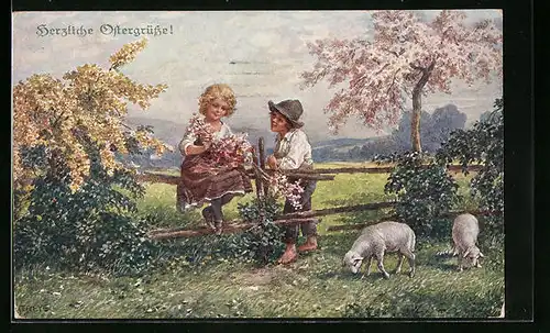 Künstler-AK M. Munk Nr. 1133: niedliches Kinder paar am Holzzaun