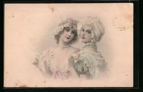 Künstler-AK M. Munk Nr. 346: zwei bildschöne junge Frauen in eleganten Kleidern