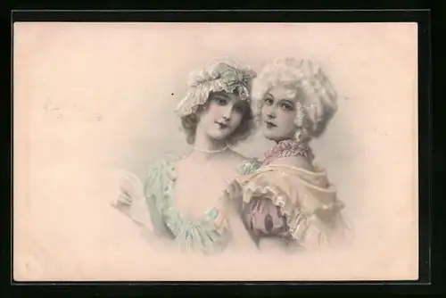 Künstler-AK M. Munk Nr. 346: zwei bildschöne junge Frauen in eleganten Kleidern