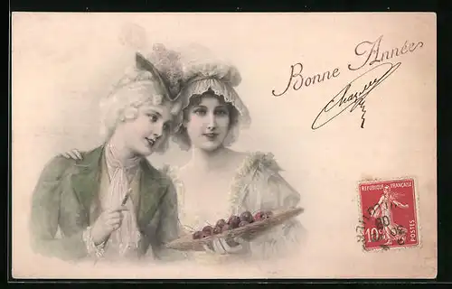 Künstler-AK M. Munk Nr. 346: zwei bildschöne junge Frauen in eleganten Kleidern