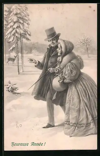 Künstler-AK M. Munk Nr. 465: Liebespaar bei einem romantischen Spaziergang am schneebedeckten Waldrand