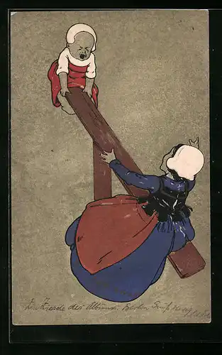 Künstler-AK M. Munk Nr. 139: Mutter mit Kind auf einer Wippe