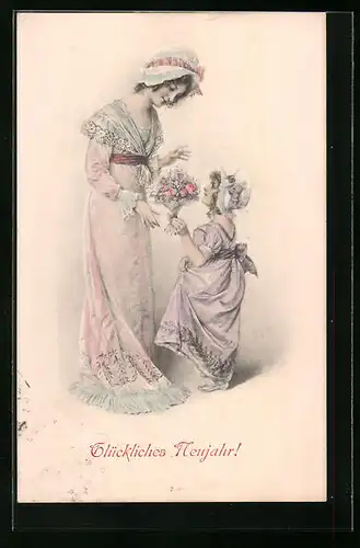 Künstler-AK M. Munk Nr. 194: Mädchen gibt ihrer Mutter einen Blumenstrauss
