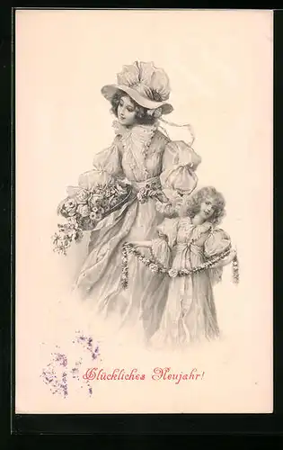 Künstler-AK M. Munk Nr. 237: Mutter und Tochter mit Blumen