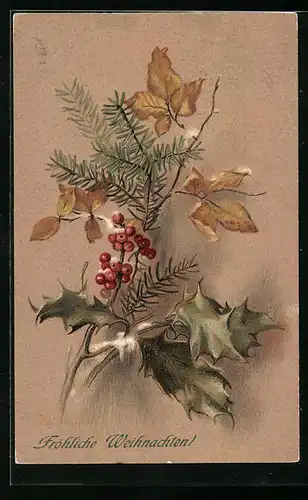 Künstler-AK M. Munk Nr. 383: Tannen- und Beerenzweig mit Blattgrün, Fröhliche Weihnachten