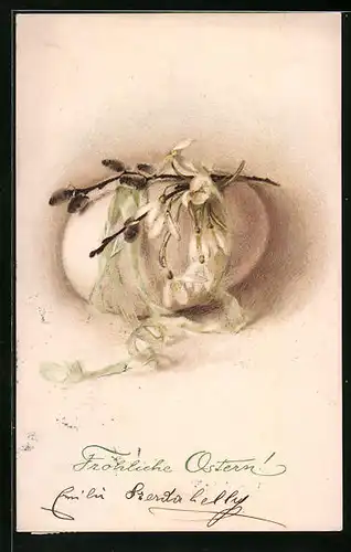Künstler-AK M. Munk Nr. 414: Schneeglöckchen und Weidenkätzchen auf einem Osterei liegend