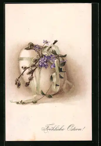 Künstler-AK M. Munk Nr. 414: Weidenkätzchen und lila Blüten auf einem Osterei liegend