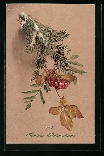 Künstler-AK M. Munk Nr. 383: Tannenzweig mit Blattgrün und Beeren, Fröhliche Weihnachten