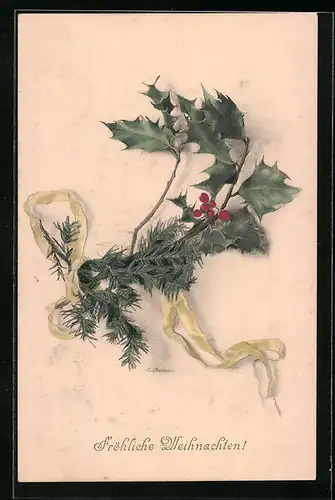 Künstler-AK M. Munk Nr. 239: Tannenzweig mit Beeren und Schleifenband