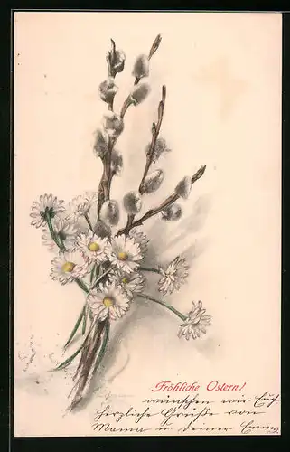 Künstler-AK M. Munk Nr. 221: Weidenkätzchen mit Gänseblümchen im Gebinde