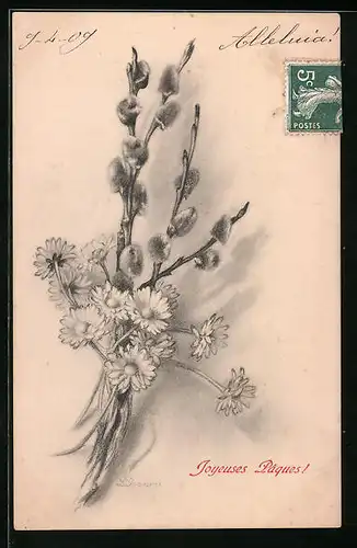 Künstler-AK M. Munk Nr. 221: Gänseblümchen und Weidenkätzchen im Gebinde