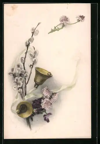 Künstler-AK M. Munk Nr. 682: Weidenkätzchen mit Blumen und Glocken im Gebinde