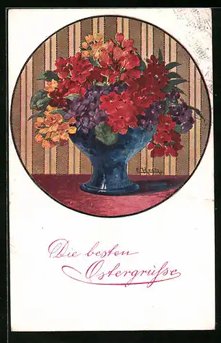 Künstler-AK M. Munk Nr. 1061: stilvolle Blumenvase mit bunter Blütenpracht