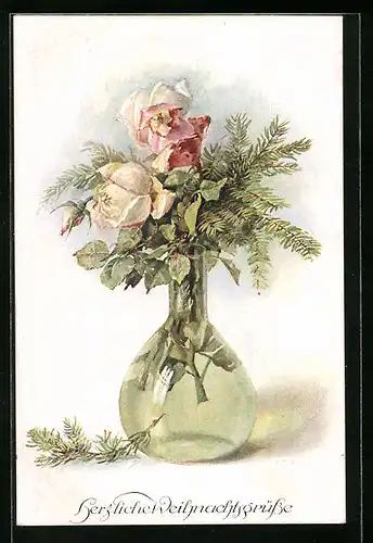 Künstler-AK M. Munk Nr. 1091: stilvolle Vase mit Rosen und Tannenzweigen