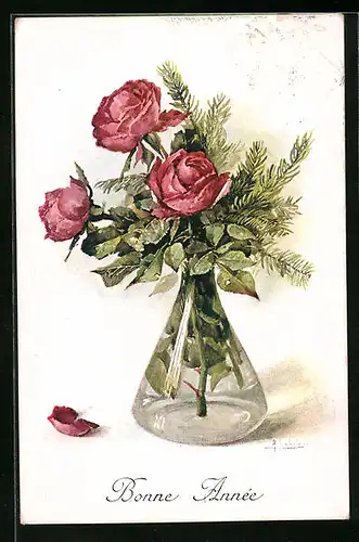 Künstler-AK M. Munk Nr. 1091: stilvolle Vase mit Rosen und Tannenzweigen