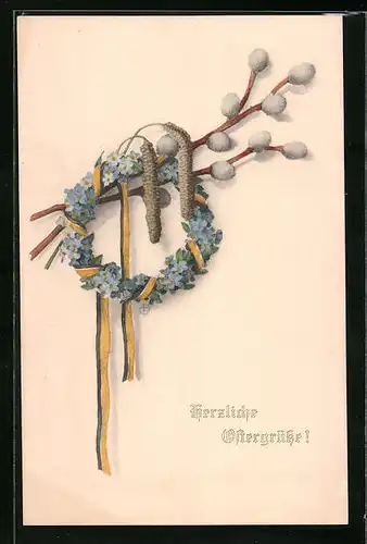 Künstler-AK M. Munk Nr. 1059: Herzliche Ostergrüsse, Blumenkranz am Weidenkätzchen hängend