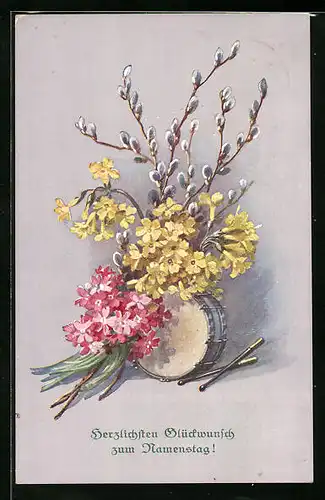 Künstler-AK M. Munk Nr. 961: Blumen udn Weidenkätzchen im gebinde nebst Trommel