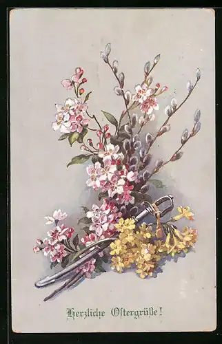 Künstler-AK M. Munk Nr. 961: schönes Blumengebinde mit kleinem Schwert