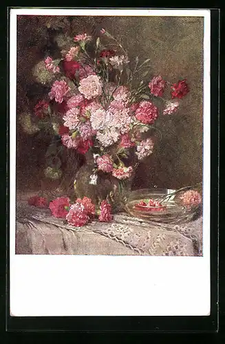 Künstler-AK M. Munk Nr. 1184: hübsche Vase mit Nelken in verschiedenen Farben