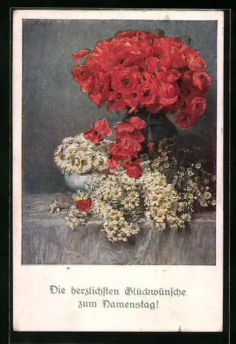 Künstler-AK M. Munk Nr. 1184: Rosen und Margueriten in verschiedenen Vasen