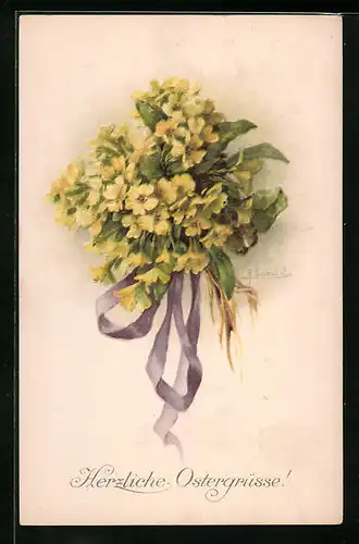 Künstler-AK M. Munk Nr. 1180: gelbe Frühjahrsblüher mit schönem Schleifenband
