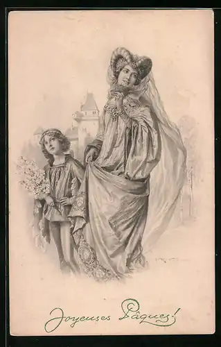 Künstler-AK M. Munk Nr. 672: Mutter mit Sohn in Trachtenkleidung
