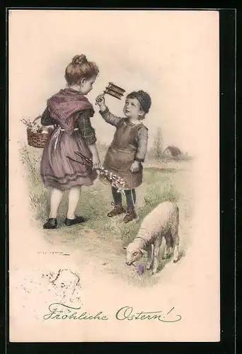 Künstler-AK M. Munk Nr. 433: Mädchen und Bube mit Spielzeug, Osterkorb und Lämmchen auf einer Wiese