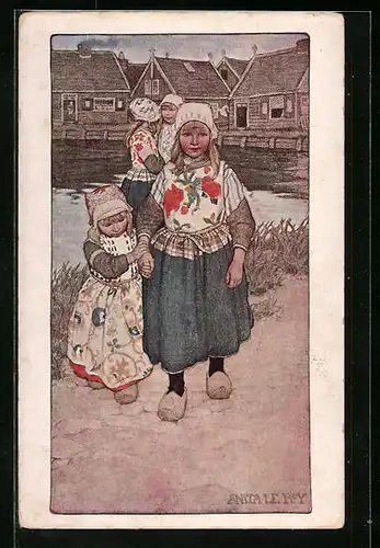 Künstler-AK M. Munk Nr. 386: Niederländische Kinder am Ufer