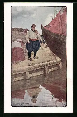 Künstler-AK M. Munk Nr. 386: Niederländischer Fischer am Hafen