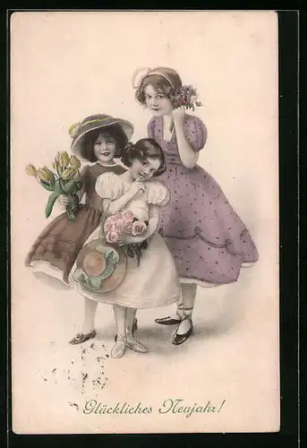 Künstler-AK M. Munk Nr. 534: Drei Mädchen mit Blumenstrauss